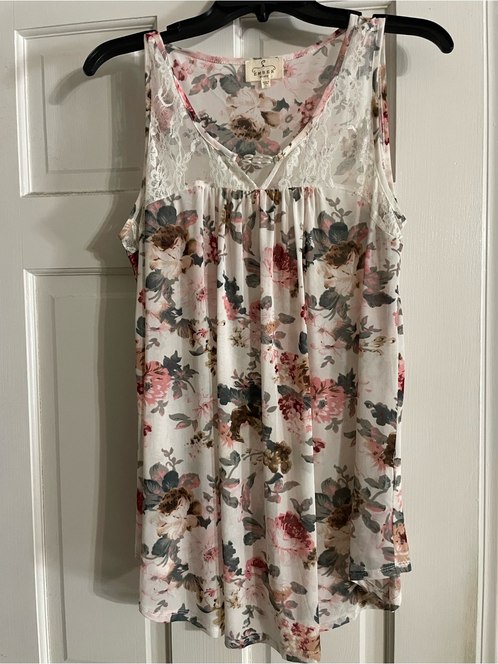 Floral Lace-Trim Sleep Chemise in White with Pink & Green Floral